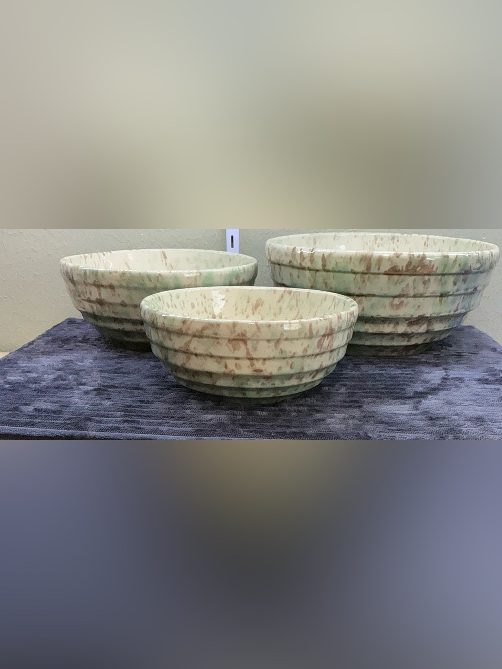 Vtg Morton Pottery Speckled Yellow Ware Mixing Nesting Bowls Cottagecore Set 3